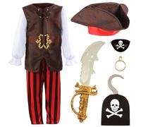 Boys Pirate Costume - Brown Shirt, Striped Trousers, Pirate Tricorn Hat, Hook Hand, Gold Earring, Black Eyepatch, Fake Sword - Kids World Book Day Halloween Fancy Dress Costume