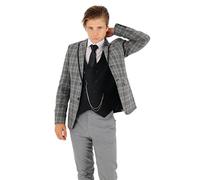 Boys Plaid Check Slim Fit Grey Suit 3 Piece Set Pageboy Birthday Wedding Dinner Prom Party Age 13 Years
