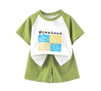 Boys Plain Shorts Set Boys Comfortable and Breathable Set Cute Cartoon Printed Short Sleeve Top Shorts Two Piece (Green, 9-10 Years)