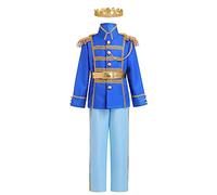Boys Prince Charming Costume Majestic King Knight Outfits for Kids Halloween Carnival Cosplay Christmas Birthday Party Dress Up World Book Day Jacket Tunic Tops Pants Crown Set Light Blue 3-4 Years