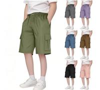 Boys Pull On Cargo Shorts Y2K Elasticated Waist Kids Baggy Knee Length Shorts Solid Color Summer Joggers Gym Sports Trousers Outdoor Plain Pockets (Black-A, 11-12 Years)