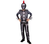Smiffys Boys Punk Skeleton Costume with Spiked Skull Print All In One and Hooded Mask Halloween Fancy Dress Outfit for Kids, Age7-9