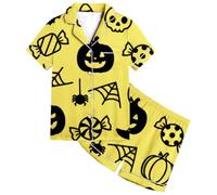 Boys Pyjamas Halloween Unisex Kids Pjs Snowman Pumpkin Spider Nightwear Tops and Pants Sets Lapel Button Shirt Sleepwear Outfits Long Sleeve 2 Piece Cotton Outfit Yellow