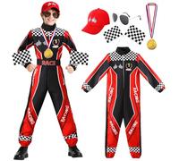 Boys Race Car Driver Costume Red Racer Jumpsuit Halloween Party Dress Up | 6Pcs Red Boys Racing Driver Costume with Sunglasses Cap Medals Waist Belt Flag,Red Black Halloween Cosplay Carnival Dress up