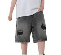Boys Ripped Denim Shorts Distressed Pants Teen Summer Elastic Waist Wide Leg School Uniform Cute Baggy Athletic Jeans Sports Lightweight Plus Size Clothes Soft Thing for Teen (Black, 12-13 Years)