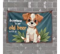 Boys Room Decor Teenager Happiness is an Old Beer with A Playful Pup Tapestry Wall Tapestry for Bedroom Stuff for Your Room(100X150CM)
