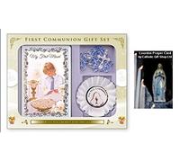 Boys Rosette with Communion Rosary Beads & Book First Holy Communion Gift Set (C5209) + LOURDES PRAYER CARD