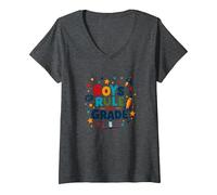 Boys Rule First Grade: Fun School Adventure Blast Off V-Neck T-Shirt, Women, Dark Heather Grey, XL