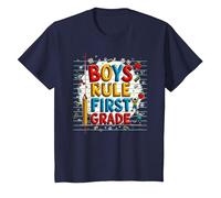 Boys Rule First Grade School Fun Celebration T-Shirt, Kids, Navy, 8 Years