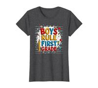 Boys Rule First Grade School Fun Celebration T-Shirt, Women, Dark Heather Grey, M