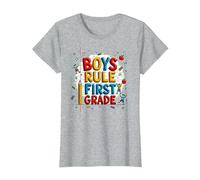 Boys Rule First Grade School Fun Celebration T-Shirt, Women, Heather Grey, M