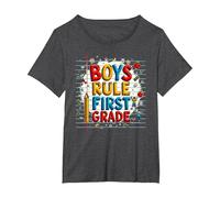 Boys Rule First Grade School Fun Celebration T-Shirt, Women's Plus, Dark Heather Grey, 4X
