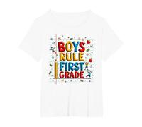 Boys Rule First Grade School Fun Celebration T-Shirt, Women's Plus, White, 1X