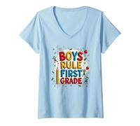 Boys Rule First Grade School Fun Celebration V-Neck T-Shirt, Women, Baby Blue, XXL