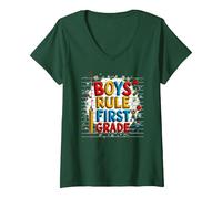 Boys Rule First Grade School Fun Celebration V-Neck T-Shirt, Women, Forest Green, M