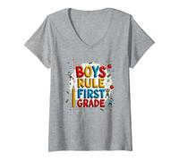 Boys Rule First Grade School Fun Celebration V-Neck T-Shirt, Women, Heather Grey, L