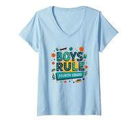 Boys Rule Fourth Grade: Fun School Celebration V-Neck T-Shirt, Women, Baby Blue, XXL