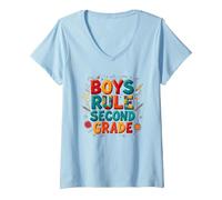 Boys Rule Second Grade Colorful School Spirit V-Neck T-Shirt, Women, Baby Blue, L