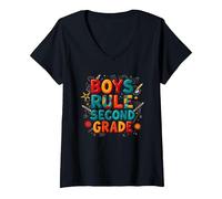 Boys Rule Second Grade Colorful School Spirit V-Neck T-Shirt, Women, Black, M