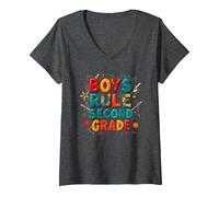 Boys Rule Second Grade Colorful School Spirit V-Neck T-Shirt, Women, Dark Heather Grey, XXL