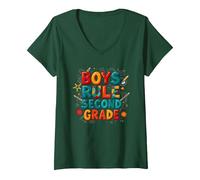 Boys Rule Second Grade Colorful School Spirit V-Neck T-Shirt, Women, Forest Green, XXL