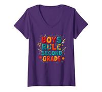 Boys Rule Second Grade Colorful School Spirit V-Neck T-Shirt, Women, Purple, XXL