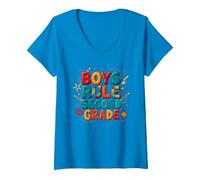 Boys Rule Second Grade Colorful School Spirit V-Neck T-Shirt, Women, Sapphire, M
