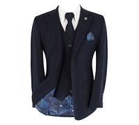 Boys Self Patterned Husky Sizes Suit Navy Blue Tailored Fit Formal Wedding Pageboy Prom Funeral 5 Piece Set Size Husky M