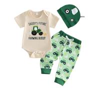 Boys Short Sets Newborn Baby Boy Clothes Farm Tractor Short Sleeve Romper Shirt Top Pants Hat Set Spring Summer Outfits Boys Sets (Beige, 3-6 Months)