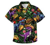 Boys Short Sleeve Shirt Tropical Pattern Casual Button Down Shirt for Beach Summer Trips, black, 12-13 Years