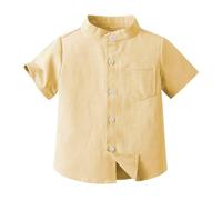 Boys Short Sleeve Stand Collar Shirts Summer Button Down Dress Shirt with Pockets for Toddler Baby Casual Slim Fit Plain Color School Uniform Daily Wear Tee Tops (Yellow, 6-12 Months)