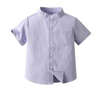 Boys Short Sleeve Stand Collar Shirts Summer Button Down Dress Shirt with Pockets for Toddler Baby Casual Slim Fit Plain Color School Uniform Daily Wear Tee Tops (Purple, 3-6 Months)