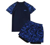 Boys' Short Sleeve Swim Set Two Piece Summer Rashguard Shirt with Swim Trunks Sun Protection SPF Swimsuit Beach Rash Guard Navy Blue 11-12 Years