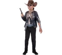 Smiffys Skeleton Cowboy Costume for Kids, Spooky Western Halloween Outfit with Skeleton Print Top, Neckerchief and Holster Belt, Wild West Fancy Dress for Boys Age 4-6
