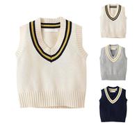Boys Sleeveless Jumper V-Neck Knitted Waistcoats Pullover Sweater Vests Ribbed Knit Tank Top Crochet Gilets Unisex Sleeveless Cardigan Knitwear Kids Clothes Autumn Winter Outfit for Age 1-7Y White