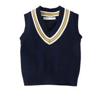 Boys Sleeveless Jumper V-Neck Knitted Waistcoats Pullover Sweater Vests Ribbed Knit Tank Top Crochet Gilets Unisex Sleeveless Cardigan Knitwear Kids Clothes Autumn Winter Outfit for Age 1-7Y Blue