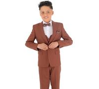 Boys Slim Fit Wedding Suits, Herringbone Textured Formal 8 Piece Complete Outfit Set, King Cinnamon Brown Size Age 9 Years UK