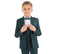 Boys Slim Fit Wedding Suits, Herringbone Textured Formal 8 Piece Complete Outfit Set, King Emerald Green Size Age 9 Years UK