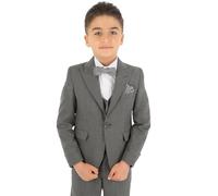 Boys Slim Fit Wedding Suits, Herringbone Textured Formal 8 Piece Complete Outfit Set, King Grey Size Age 9 Years UK