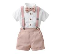 Boys Solid T-Shirt & Suspenders Shorts Set, Gentleman Outfit, Short Sleeve, 2-6 Years#Z Pink
