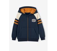 Boys' sporty zip-up hooded sweatshirt with raglan sleeves pecan nut