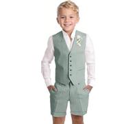 Boys Suit Size 12 Summer Kids Linen Waistcoat Tuxedo Wedding Ring Bearer Outfit Dress Clothes Celadon 3 Piece Boy's Vest Shorts Tie Set