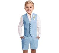 Boys Suit Size 8 Summer Kids Linen Waistcoat Tuxedo Wedding Ring Bearer Outfit Dress Clothes Light Blue 3 Piece Boy's Vest Shorts Tie Set
