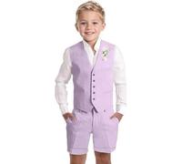 Boys Suit Size 8 Summer Kids Linen Waistcoat Tuxedo Wedding Ring Bearer Outfit Dress Clothes Light Purple 3 Piece Boy's Vest Shorts Tie Set