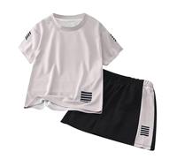 Boys Summer Clothes Outfits Playwear Mesh Quick Dry Short Sleeve Crew Neck Tee & Striped Black Sports Shorts for PE Class, Football Training Summer Outdoor Sports 1-9 Years