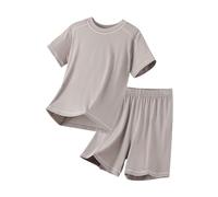 Boys Summer Outfits 2-Piece Short Sleeve Shorts Set Comfortable Ice Silk Pajamas Casual Home Wear Loungewear for Kids Age 3-12 (Khaki, 4-5 Years)