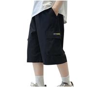 Boys Summer Shorts Knee Length Elastic Waist Lightweight Cargo Shorts for Kids Solid Color Soft Breathable Cotton Comfortable Bottoms with Pockets Loose Toddler Youth Outdoor Wear 12-13 Years Black