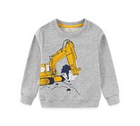 Boys Sweatshirt Long Sleeve Crewneck Pullover Cartoon Print Excavator Pattern Knitted Top Comfortable Wear Age 2-7 Years Grey