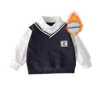 Boys Sweatshirt School Outfits Fleece Lined Long Sleeve V Neck Shirt Pullover Fall Winter Warm Comfortable Polo Collar Fake Two Age 6-14 Years Blue