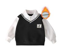 Boys Sweatshirt School Outfits Fleece Lined Long Sleeve V Neck Shirt Pullover Fall Winter Warm Comfortable Polo Collar Fake Two Age 6-14 Years Black